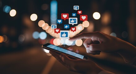 Nighttime Social Media Engagement: Hands Interact with Floating Likes and Hearts on Smartphone