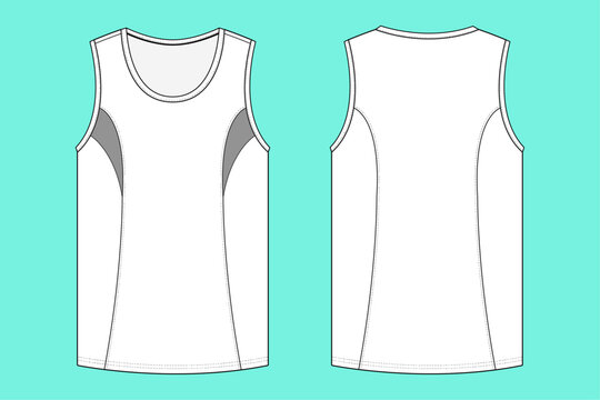 Men's Sleeveless Active Sports Tank Top flat sketch outline CAD mockup template front and back views.