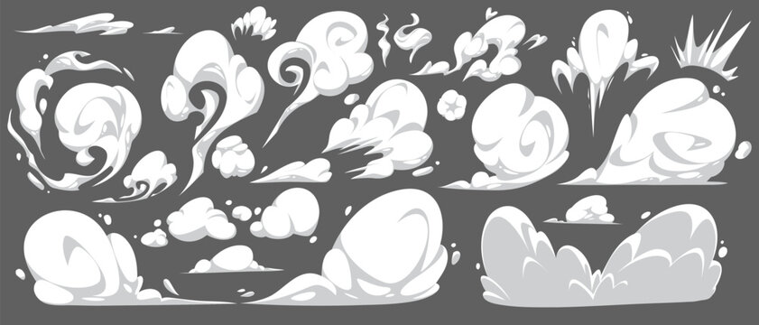Comic smoke cloud effects collection - white puffs, swirls, explosions and dust clusters on gray background. Cartoon motion graphics for action scenes, speed lines, impact bursts in manga style.