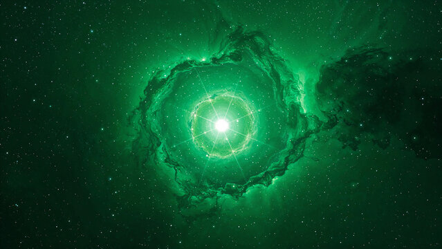 Glowing green nebula with bright star space stars