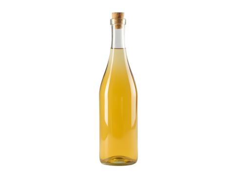 Studio shot of a clear glass bottle filled with pale yellow liquid sealed with a natural cork stopper  isolated on a transparent background