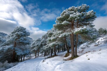 Snowcovered forest path with tall frosted pine trees under a partly cloudy blue sky on a winter day