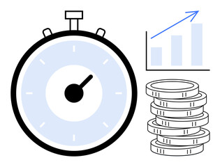 Stopwatch measuring time, stack of coins symbolizing resources, and upward growth chart. Ideal for time management, productivity, investment, strategy, business growth, finance and success concepts