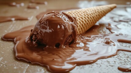 107.A high-angle shot of a chocolate ice cream cone lying on its side on a clean restaurant floor, with the ice cream melting rapidly into a pool and creating streaks as it spreads.