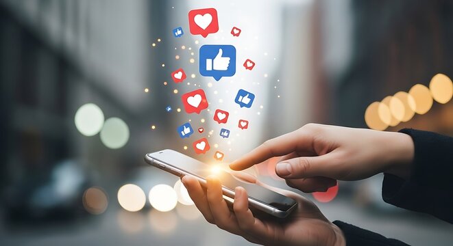 Social Media Engagement: Hands Using Smartphone with Floating Likes and Hearts