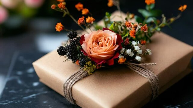Elegant gift unwrapping with floral decorations on marble surface