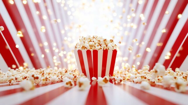97.Popcorn spilled out of red and white strip box background concept: