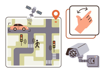 Car on GPS-enabled map, pedestrian at smart signal, surveillance camera, and gesture control icon. Ideal for navigation, urban planning, technology, security, innovation smart systems automation