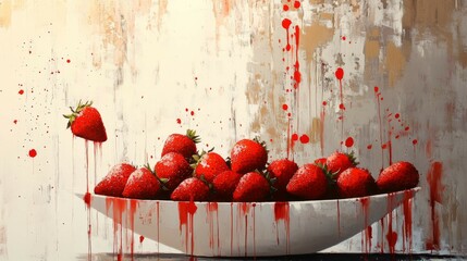 65.An artistic composition of fresh strawberries cascading down into a minimalistic white bowl, their vibrant red hues contrasting sharply with the simplicity of the background, suggesting freshness