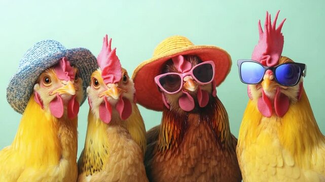 Four colorful chickens wearing hats and sunglasses posing playfully against a pastel background