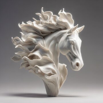 A pristine white sculpted horse head, its mane and forelock flowing dynamically, creating a sense of powerful movement against a muted grey backdrop