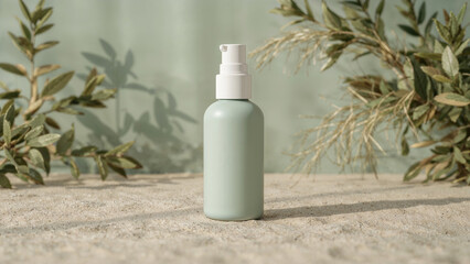 Pale green pump bottle with white cap surrounded by foliage dispenser