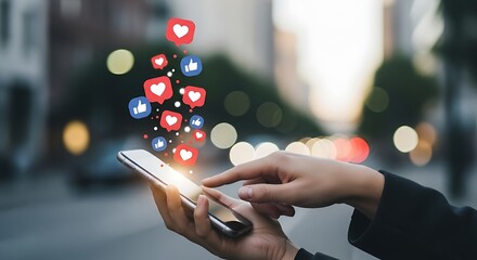 Smartphone Social Media Interaction: Likes and Hearts Floating Above Device