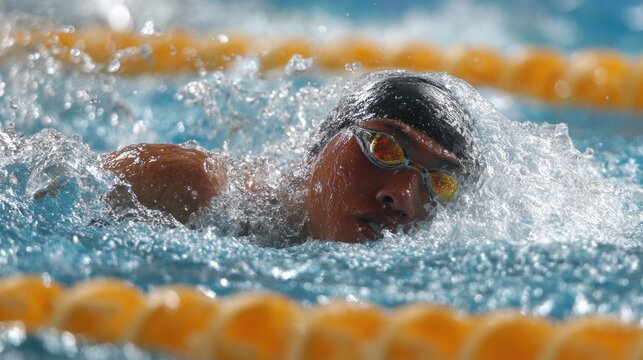 Competitive swimmer in action during freestyle race in indoor swimming pool with lane markers