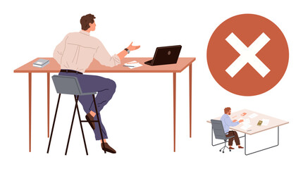 Man sitting on a high chair at mismatched desk with disorganized tools. Large red cross emphasizing errors. Ideal for workplace ergonomics, productivity, efficiency, posture, bad habits, awareness