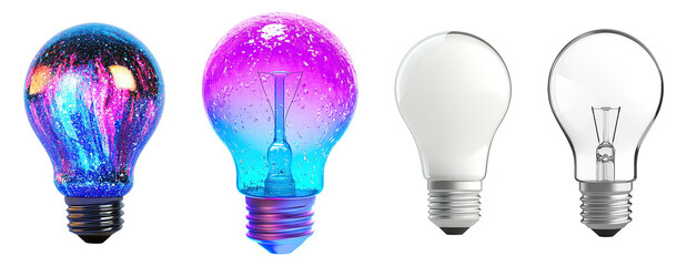 A row of blue and white light bulbs symbolize innovative energy and brilliant ideas, isolated on transparent. PNG