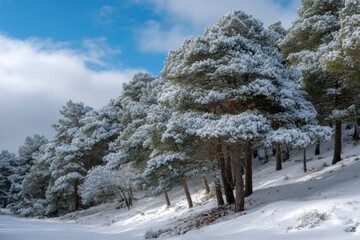 Snowladen trees line a hill under a partly cloudy sky
