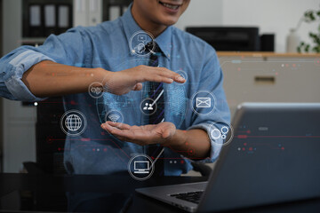 Digital transformation technology strategy, Person using laptop, tablet and smartphone with of...