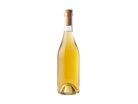 Photorealistic image of a clear glass bottle filled with pale yellow liquid sealed with a natural cork stopper isolated on a transparent background