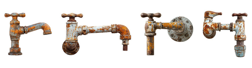 Collection of old and rusty unusable water taps isolated on transparent background. PNG