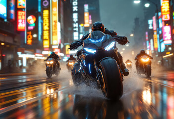 A cyberpunk bounty hunter motorcycle speeds forward at a dynamic 30-degree angle, glowing with neon lights, with smaller bikes chasing behind in the same direction.