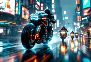 A cyberpunk bounty hunter motorcycle speeds forward at a dynamic 30-degree angle, glowing with neon lights, with smaller bikes chasing behind in the same direction.