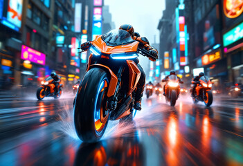 A cyberpunk bounty hunter motorcycle speeds forward at a dynamic 30-degree angle, glowing with neon lights, with smaller bikes chasing behind in the same direction.