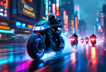 A cyberpunk bounty hunter motorcycle speeds forward at a dynamic 30-degree angle, glowing with neon lights, with smaller bikes chasing behind in the same direction.