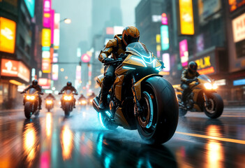 A cyberpunk bounty hunter motorcycle speeds forward at a dynamic 30-degree angle, glowing with neon lights, with smaller bikes chasing behind in the same direction.
