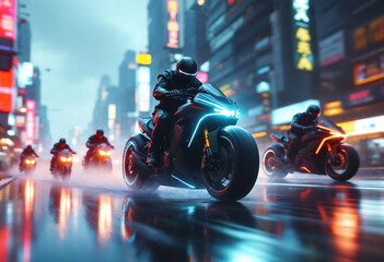 A cyberpunk bounty hunter motorcycle speeds forward at a dynamic 30-degree angle, glowing with neon lights, with smaller bikes chasing behind in the same direction.