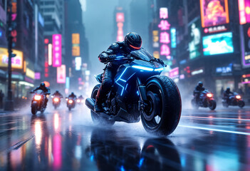 A cyberpunk bounty hunter motorcycle speeds forward at a dynamic 30-degree angle, glowing with neon lights, with smaller bikes chasing behind in the same direction.