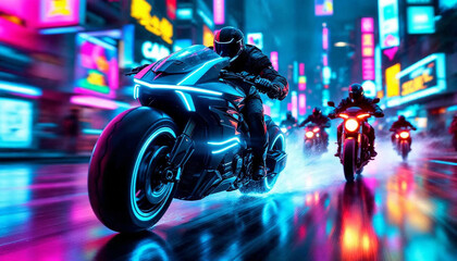 A cyberpunk bounty hunter motorcycle speeds forward at a dynamic 30-degree angle, glowing with neon lights, with smaller bikes chasing behind in the same direction.