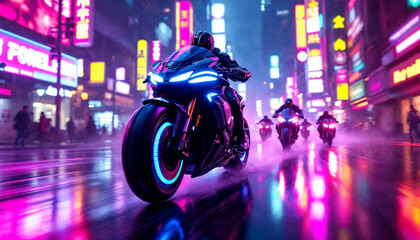 A cyberpunk bounty hunter motorcycle speeds forward at a dynamic 30-degree angle, glowing with neon lights, with smaller bikes chasing behind in the same direction.