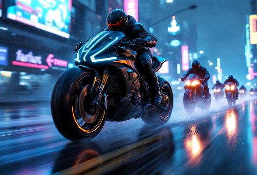A cyberpunk bounty hunter motorcycle speeds forward at a dynamic 30-degree angle, glowing with neon lights, with smaller bikes chasing behind in the same direction. - Powered by Adobe