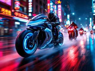 A cyberpunk bounty hunter motorcycle speeds forward at a dynamic 30-degree angle, glowing with neon lights, with smaller bikes chasing behind in the same direction.