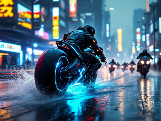 A cyberpunk bounty hunter motorcycle speeds forward at a dynamic 30-degree angle, glowing with neon lights, with smaller bikes chasing behind in the same direction.