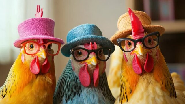 Three colorful chickens wearing hats and glasses, posing playfully indoors with soft lighting