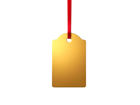 Shiny metallic gold rectangular holiday gift tag with red ribbon hanging isolated on a transparent background