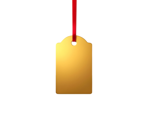 Shiny metallic gold rectangular holiday gift tag with red ribbon hanging isolated on a transparent background