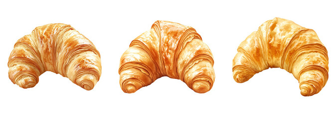 Collection of a freshly baked golden-brown croissant, a delicious isolated pastry perfect for a sweet breakfast or snack, isolated on transparent background. PNG