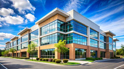 Obraz premium Exterior view of a modern office building with glass windows under a bright blue cloudy sky