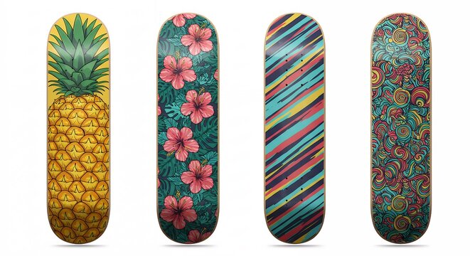 Colorful skateboard decks with tropical designs