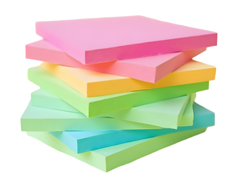 A Stack of Pastel Colored Sticky Notes Pink Yellow Green Light Blue and Light Green Square Shaped Adhesive Memo Pads isolated on a transparent background