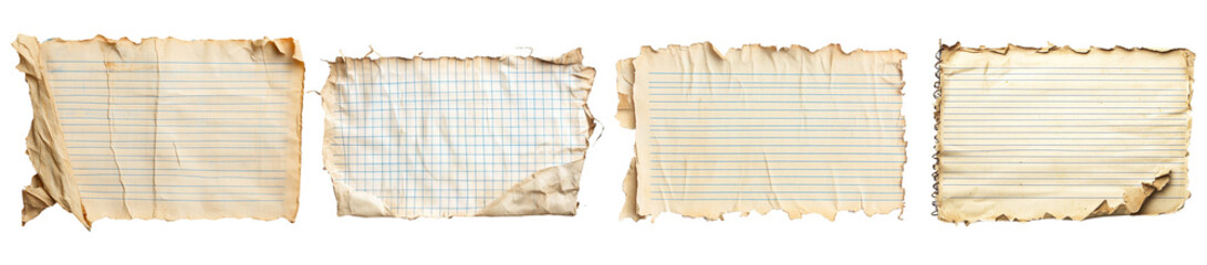 Collection of old shabby paper textures isolated on transparent. PNG