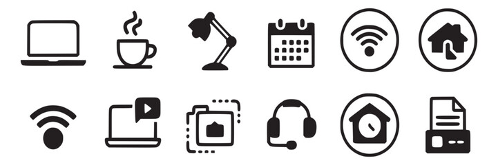 Remote work from home office icon set vector illustration for business and productivity tools and equipment on transparent background