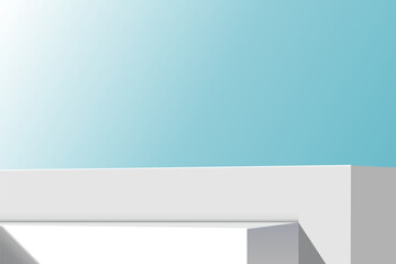 The corner of the white two podium with bright blue sky, Blank white product studio background, stage, podium for presentation vector illustration design for display cosmetic or beauty product