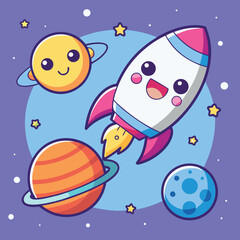 Adorable Rocket Adventure A Smiling Moon, Planets, and Kawaii Space Exploration