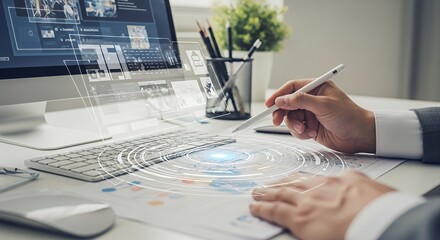 Businessman Using Digital Stylus on Holographic Interface