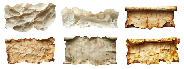 Collection of antique, textured old paper sheets with torn and burnt edges, perfect for a vintage blank parchment or grunge background