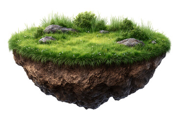 A lush green floating island with rocks and wildflowers isolated on transparent background